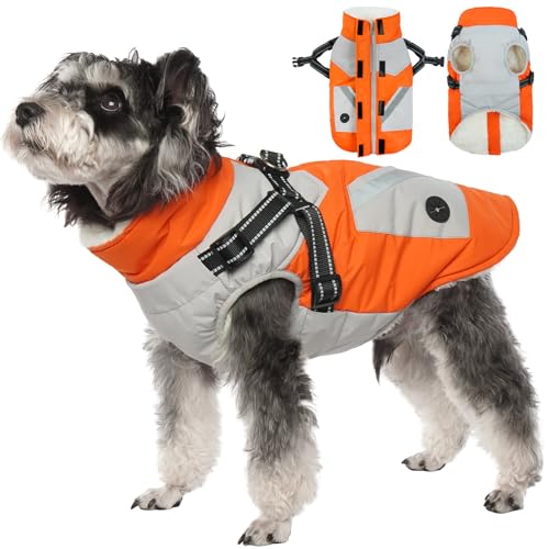 Hundemantel Winter, Winterjacke Hund mit Geschirr Hunderegenmantel Winter Hundepullover Fleece Hundemantel Wasserdicht Warm(Orange, M) von PUMYPOREITY