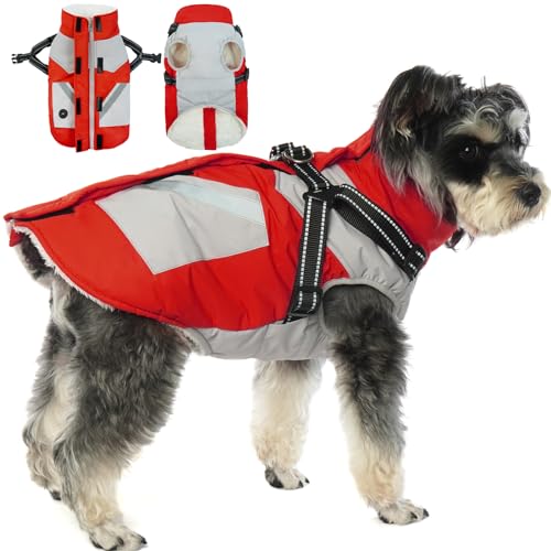 Hundemantel Wasserdicht mit Geschirr, Winterjacke Reflektierende Hund Jacke Warm Weste Hundekleidung Winddichte Mantel Fleece Hunde Rollkragenpullover mit Geschirr(Rot, L) von PUMYPOREITY