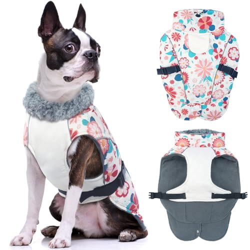 Hundemantel Winter, wasserdichte Welpen Warme Jacke Weste Reflektierende Hundejacke Fleece Gefüttert Wintermantel mit Fleecekragen Winter Hundekleidung(Blumen, S) von PUMYPOREITY