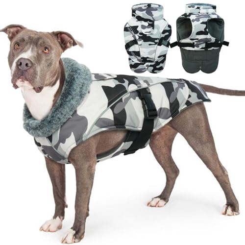 Winter-Hundemantel, wasserdicht, warm, für den Innenbereich, Hundemantel, Schneeanzug, gepolsterter Mantel, Bequeme Hunde-Schnee-Jacke für große Hunde (weiß, Camouflage, Größe 2XL) von PUMYPOREITY