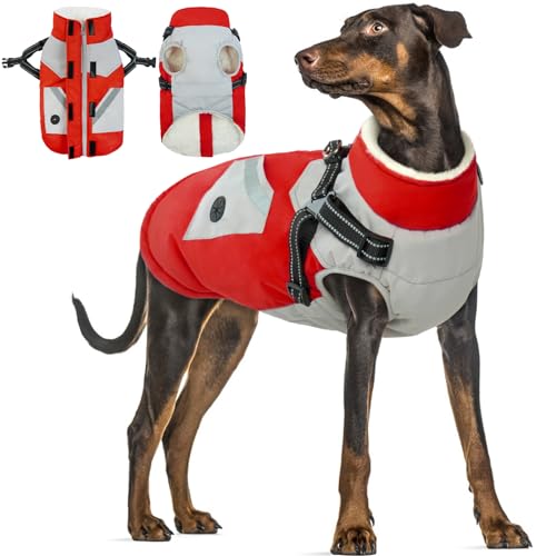 Winter Hundemantel wasserdichte, Hundemantel Winter mit Geschirr Warm Hundekleidung Winter Jacke Warme Hunde Weste Winter Outfit Winddichte Hundebekleidung Schneeanzug Hunde(Rot, 3XL) von PUMYPOREITY