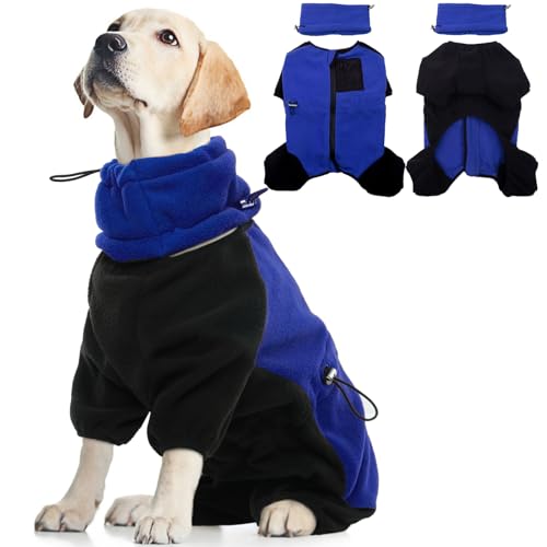 Hundepullover Fleece, Warm Hundejacke Hundeweste Winter Mantel mit Beinen Hundepyjama Kaltwetter Winddichte Winterkleidung Hund für Innen und Außeneinsatz(Blau, L) von PUMYPOREITY