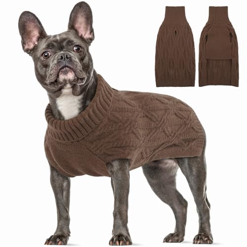 Klein Hundepulli, Sweater Chihuahua Winterkleidung Bulldogge Klassischer Hundepullover mit Zopfstrickmuster Frühling Herbst Winter Haustier-Outfits(Braun, S) von PUMYPOREITY