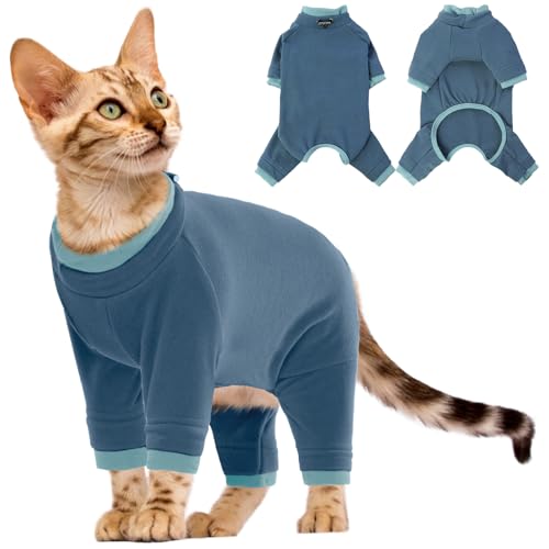 Katze Kleidung, Katzenbody Nach Op Postoperative Kleidung für Katzen Body Operation Recovery Anti-leckende Langarm 4 Beine Einteiler Katzenbekleidung Shirts 4-beinige(Blau-grau, L) von PUMYPOREITY