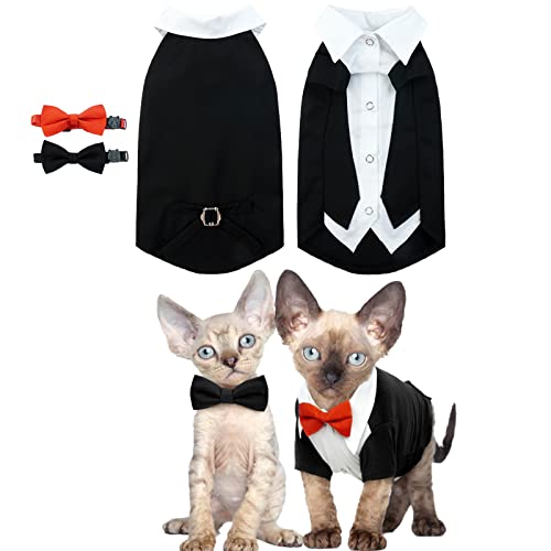 Katzen Hochzeit Anzug, Haarlose Katze Tuxedo Formelle mit 2 Stücke Katzenhalsbänder mit Fliege Shirt Katzen Mantel Hochzeit Kostüme für Kleine Mittlere und Große Katzen(Schwarz, S) von PUMYPOREITY