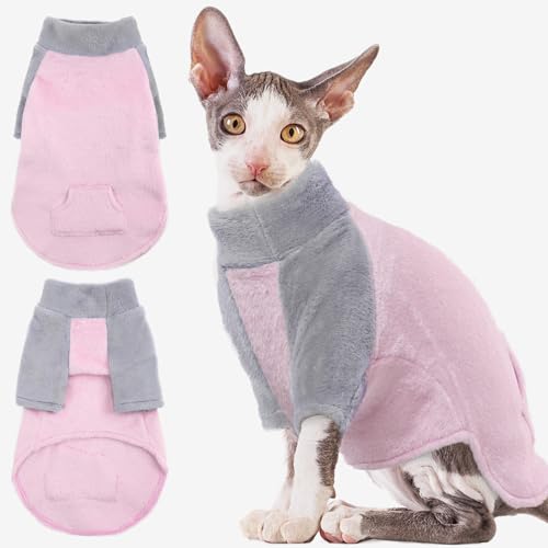 Wintermantel für Katzen, Sphynx Katzenkleidung Haarlose Katzenkleidung Fleece Rollkragenpullover(Rosa, 2XL) von PUMYPOREITY