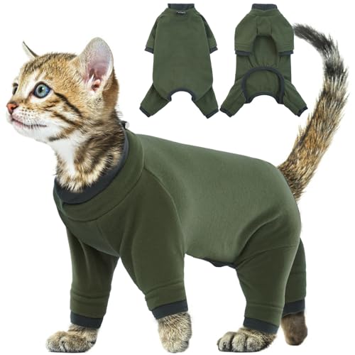 Klebriges Katzenhaar Kleidung, Pyjama für Katzen Pullover Warm für Katze Katzenoverall Fleece Jumper Katzenkostüm Mantel mit Rollkragen&Lange Ärmel für Katzen/Kitten(ArmeeGrün, S) von PUMYPOREITY