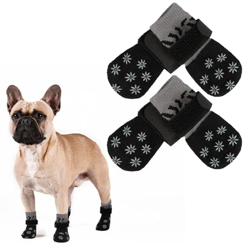 PUMYPOREITY 2 Paar Hunde Socken Antirutsch, Katzen Pfotenschutz Hundesocken Outdoor Socken für den Pfotenschutz von Hunden mit verstellbarem Klettverschluss(Grau-schwarz, S) von PUMYPOREITY