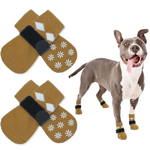 PUMYPOREITY 2 Paar Indoor Anti-Rutsch Socken für Hunde, Hundesocken Anti Rutsch Pfotenschutz Leckschutz Hund Pfote Hundesocken Outdoor(Braun, M) von PUMYPOREITY