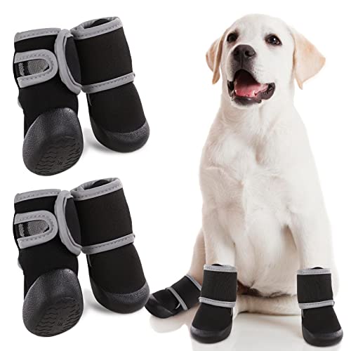 PUMYPOREITY 4 Stück Hundeschuhe Pfotenschutz, wasserdichte Anti-rutsch Hundestiefe Schneeschuhe Pfotenschutz mit Reflektierendem Riemen Regenschuhe Hundestiefelmit Paw Protector für Hunde(Schwarz, L) von PUMYPOREITY