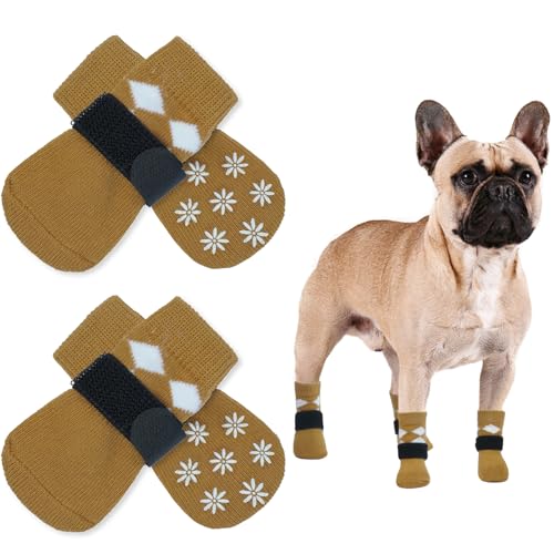 PUMYPOREITY 2 Paar Anti-Rutsch-Hundesocken, Pfotenschutz Katze Socken für den Pfotenschutz von Hunden mit verstellbarem Klettverschluss(Braun, S) von PUMYPOREITY