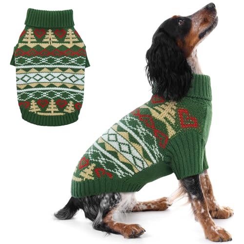 PUMYPOREITY Hund Weihnachtspullover, Warmer Hundepullover Große Größe Hund, Rollkragen Große Hundepullover, Weiche Hunde Weihnachtsoutfit für Beagle Corgi Grün XL von PUMYPOREITY