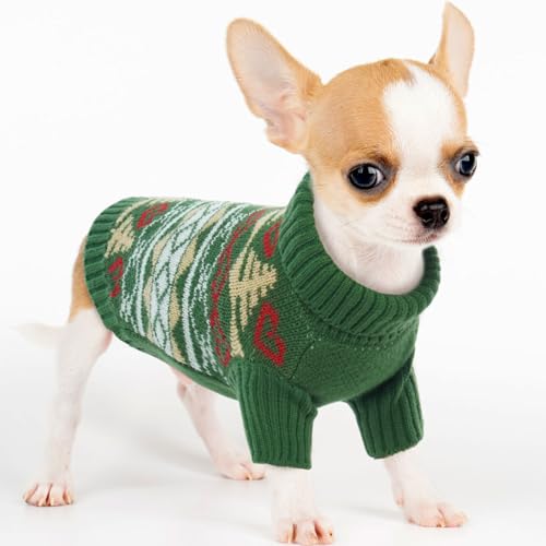 PUMYPOREITY Hunde Weihnachtspullover, Warme Hundepullover für kleine Hunde, Rollkragenpullover für kleine Hunde, weicher Welpenpullover, Hundeweihnachtsoutfit für Chihuahua, Zwergpinscher Grün, XS von PUMYPOREITY