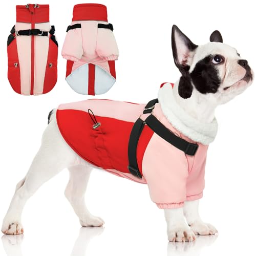 PUMYPOREITY Hunde-Wintermantel – kleine Hundejacke mit integriertem Geschirr, reflektierender Schneeanzug, warmer Fleece-gefütterter Mantel, Reißverschluss für Yorkshire, West Highland, rote Hunde von PUMYPOREITY