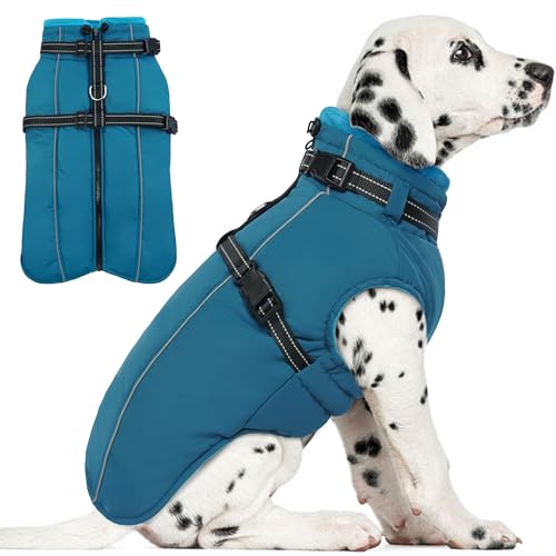 PUMYPOREITY Wasserdichter Hundemantel mit Geschirr, Hunde-Wintermantel für mittelgroße Hunde, Jungen, Mädchen, reflektierende Fleece-Winterjacke für Hunde, Hunde-Schneemantel mit Reißverschluss für von PUMYPOREITY