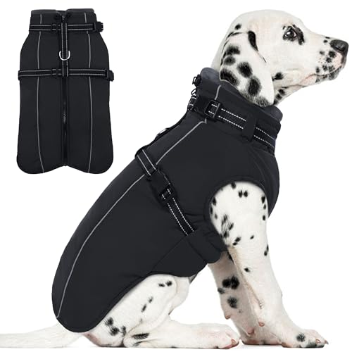 PUMYPOREITY Wasserdichter Hundemantel mit Geschirr, Hunde-Wintermantel für mittelgroße Hunde, Jungen, Mädchen, reflektierende Fleece-Winterjacke für Hunde, Hunde-Schneemantel mit Reißverschluss für von PUMYPOREITY