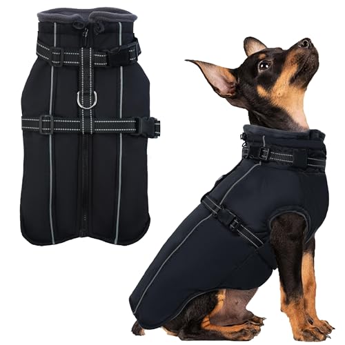 PUMYPOREITY Hundemantel Kleine Hunde Mit Eingebautem Geschirr, Warme Winterjacke Wasserfest Reflektierend Fleece Schneejacke für Kleine Hunde (Chihuahua) Schwarz XS von PUMYPOREITY