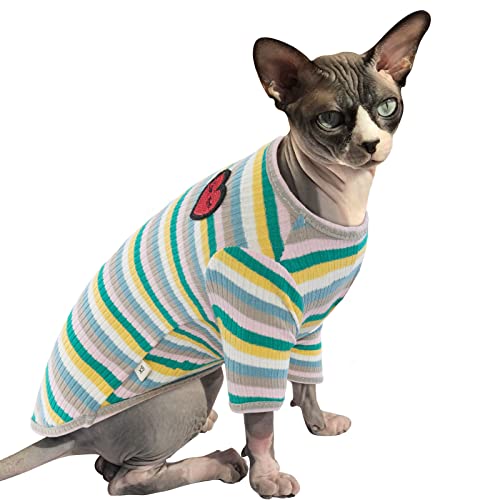 Katze Baumwolle Kleidung, Pullover Warm für Sphynx Haarlose Katze Haustierkleidung Streifen Weste Shirts Kätzchen Weiche Jumper Katzenkostüm Mantel für Katzen/kleine Hunde(Grüne Streifen, S) von PUMYPOREITY