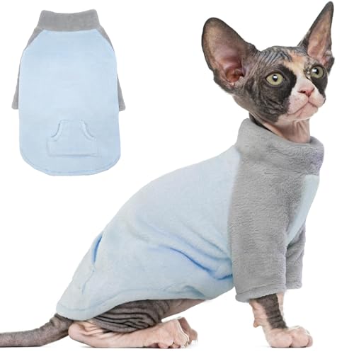 PUMYPOREITY Pullover für Sphynx Katze, weiche Korallen-Fleece-Katzenkleidung, Blau, Größe L von PUMYPOREITY