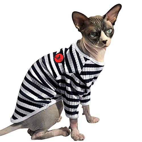 PUMYPOREITY Sphynx Haarlose Katze Baumwolle Kleidung Pullover Niedlich Atmungsaktiv T-Shirts Haustierkleidung Rundkragen Weste Kätzchen Shirts Weiche Hautfreundliche Bekleidung(Blaue Streifen, XS) von PUMYPOREITY