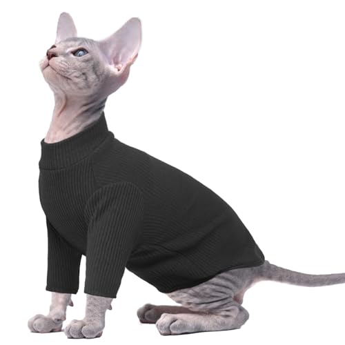 PUMYPOREITY Sphynx Haarlose Katze Baumwolle Kleidung Pullover Niedlich Atmungsaktiv T-Shirts Haustierkleidung Rundkragen Weste Kätzchen Shirts Weiche Hautfreundliche Bekleidung Outfit(Schwarz, M) von PUMYPOREITY