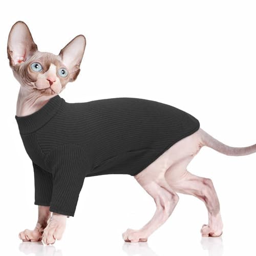 PUMYPOREITY Sphynx Haarlose Katze Baumwolle Kleidung Pullover Niedlich Rollkragen Atmungsaktiv T-Shirts Rundkragen Weste Kätzchen Shirts Weiche Bekleidung(Schwarz, L) von PUMYPOREITY