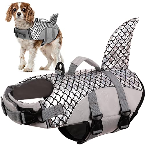 Schwimmwesten für Hunde, Rettungsweste Hunde Schwimmweste Schwimmtraining Hundelebensweste Ripstop Float Coat Dog Life Jacket mit Rettungsgriff für Kleine, Mittlere, Große Hunde(Grau, M) von PUMYPOREITY