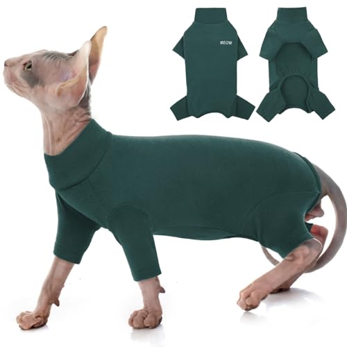 PUMYPOREITY Sphynx Katzen Kleidung Winter, Pullover Katze Warm Weste Katze-Schlafanzug Strickpullover Jumpsuit Onesie Haarlose Katze Kleidung Wintermantel Jacke Vierbeinig(Dunkelgrün, XS) von PUMYPOREITY