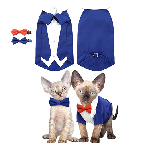 Sphynx Katzen Smoking, Anzug und 2 Stück Fliege Verstellbar Set Hemd Katzen Kleidung Formale Hochzeit Party Fliege Halsband für Hochzeit Geburtstag Fest Halloween Weihnachten Kostüme(Blau, S) von PUMYPOREITY