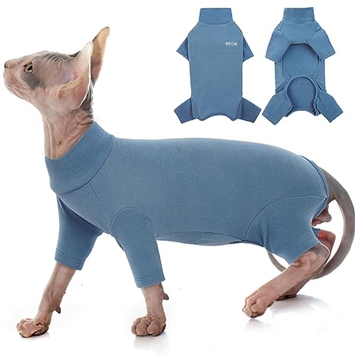 Sphynx Katzen Kleidung Winter, Pullover Katze Warm Weste Katze-Schlafanzug Strickpullover Jumpsuit Onesie Haarlose Katze Kleidung Wintermantel Jacke Vierbeinig(Blau, S) von PUMYPOREITY