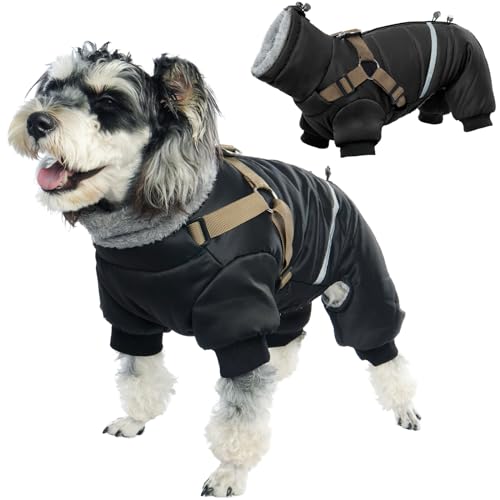 Winterjacken & Wintermäntel für Hunde, Hundemantel XL Winterjacke Hund mit Geschirr Hundeoverall Fleece Hundemantel Wasserdicht Warm mit Geschirr(Schwarz, XL) von PUMYPOREITY