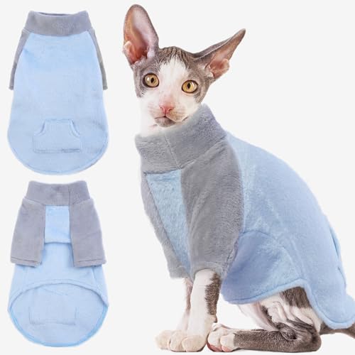 Wintermantel für Katzen, Sphynx Katzenkleidung Haarlose Katzenkleidung Fleece Rollkragenpullover(Blau, 2XL) von PUMYPOREITY