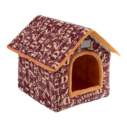 PUNELE Winter Haustier Bett Haus mit Abnehmbarer Pad Waschbar Nettes Komfortables warmes Haustier Bett Haus für Hunde und Katzen (Rot mit Buchstabenmuster) von PUNELE