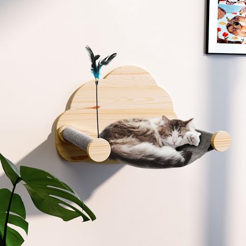 PUPETPO Katzen-Hängematten-Bett für die Wand mit einem Teaser, Wandmontage, Katzenmöbel, Massivholz, Sitzstange zum Schlafen, Spielen, Klettern und Faulenzen für Kätzchen und Kätzchen von PUPETPO