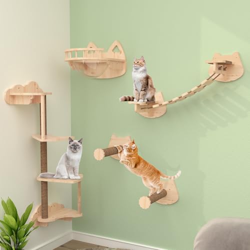 PUPETPO Transparente Kapsel Katzenwandmöbel 5er Set, Katzenregale mit 2 Sisal-Kratzstufen, 4 Etagen Katzenkratzbaum, Katzenbrücke, Wandmontiertes Katzenbett für Kitty oder Katzen bis zu 15.0 kg von PUPETPO