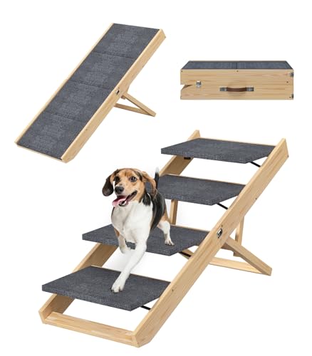 Hundetreppe aus Holz, 4 Ebenen, verstellbare Hundetreppe aus Holz mit Griff, faltbare Hunderampe für Bett, Couch, Auto (grau) von PUPIHOM