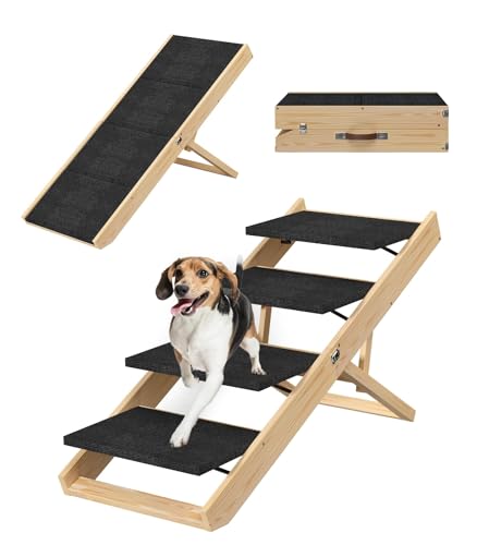 PUPIHOM 4 Stufen hölzerne Hundetreppe, verstellbare hölzerne Hundetreppe mit Griff Faltbare Hunderampe für Bett Couch Auto (Schwarz) von PUPIHOM