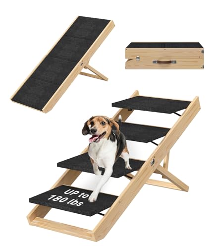 Hundetreppe aus Holz, 4 Ebenen, verstellbare Hundetreppe aus Holz mit Griff, faltbare Hunderampe für Bett, Couch, Auto (Schwarz) von PUPIHOM