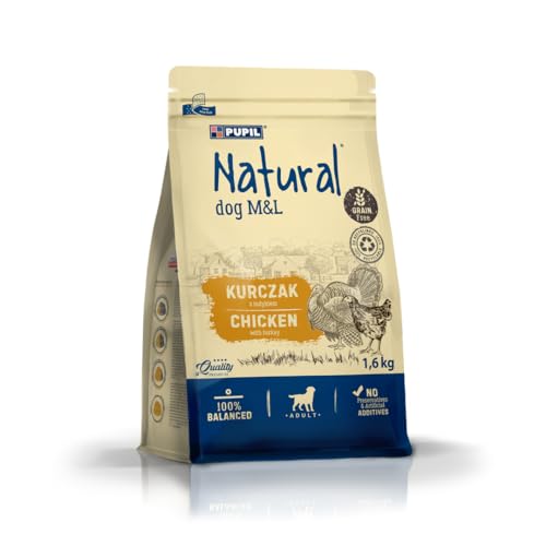 Natural M&L, Trockenfutter für ausgewachsene Hunde, reich an Hähnchen mit Truthahn Paket 5 x 1,6 kg von PUPIL Natural