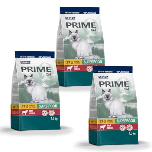 PUPIL PRIME Alleinfuttermittel Trockenfutter für ausgewachsene Katzen reich an Rindfleisch mit Gemüse Paket 3 x 1,5 kg von PUPIL PRIME