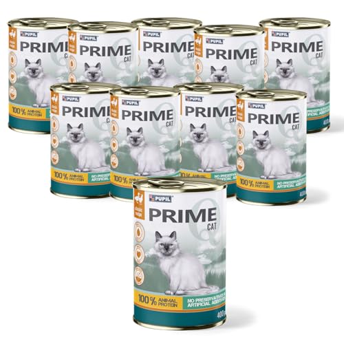 PUPIL PRIME Nassfutter, Alleinfuttermittel für ausgewachsene Katzen reich an Hähnchen mit Ente. Paket 10 x 400 g. von PUPIL PRIME