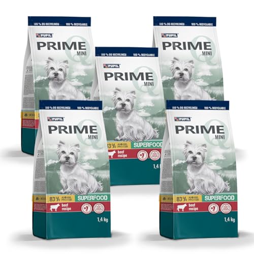 PUPIL PRIME Trockenfutter für ausgewachsene Hunde Kleiner und Kleinster Rassen reich an Rindfleisch mit Leber. Packet für Mini Hunde 5 x 1,4kg von PUPIL PRIME