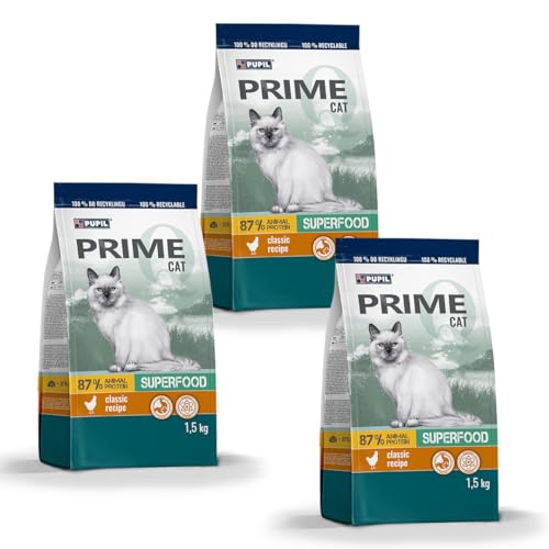 PUPIL PRIME Trockenfutter für ausgewachsene Katzen reich an Hähnchen, Leber und Gemüse, Paket 3 x 1,5 kg von PUPIL PRIME