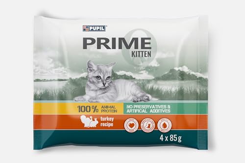 PUPIL PRIME Kitten Nassfutter Fleischstücke in Sauce für Junge Katzen, Alleinfuttermittel für Kätzchen, trächtige und säugende Katzen reich an Truthahn mit Kaninchen 9 STK. x (4x85g) von PUPIL PRIME