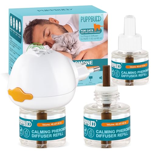 PUPPBUDD Cat Calming Pheromone Diffuser - Reduziert Konflikte Zwischen Katzen, Wirksame Angstlinderung für Katzen & Katze Beruhigende Beruhigung 48ML 3 Nachfüllungen Passt für Alle Katzen von PUPPBUDD