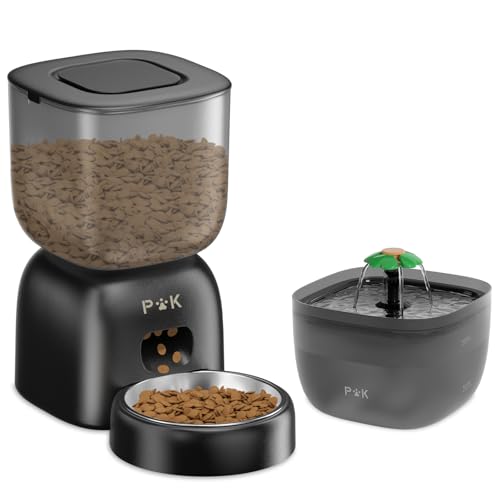 PUPPY KITTY Futterautomat Katze und Katzenbrunnen Combo, 180 Tage Lange Batterielebensdauer, Leicht zu reinigen, 10S Sprachaufforderung, 3L futterspender Katze und 2L Katzenbrunnen (Black) von PUPPY KITTY