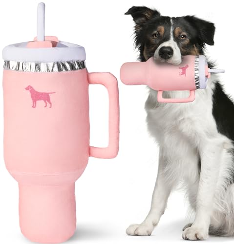 PUPROAR Pup Cup Tumbler Plüsch Hundespielzeug | Becher mit Griff & Strohhalm Hundespielzeug | Große Hundespielzeug Nachbildung von Edelstahl 880 ml Becher Becher (Pink Peach Dust) von PUPROAR