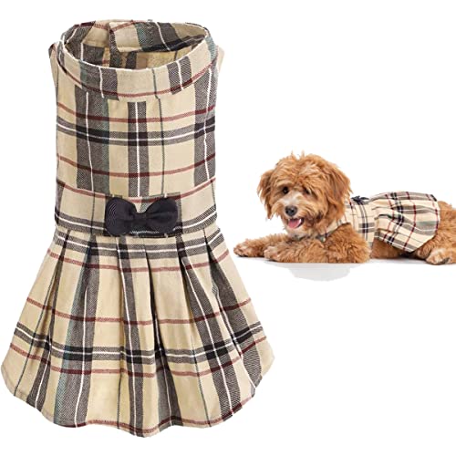 Hundekleid mit Schleife, klassisches Karomuster, für Hunde und Katzen, Beige von PUPTECK