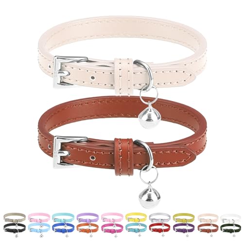 PUPTECK 2 Stück weiches Leder Katzenhalsband mit Glocke for Kätzchen Orange, lila, schwarz, Khaki, blau, Rosenrot 22,1-26 cm (Beige&Braun, 22,1-26cm) von PUPTECK