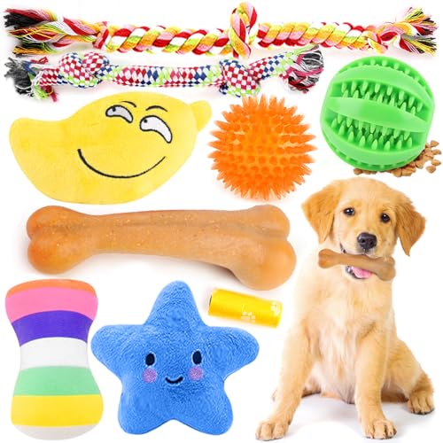PUPTILY 9 Stück Hundespielzeug, Luxus-Welpen-Kauspielzeug zum Zahnen, quietschendes Baumwoll-Plüschspielzeug für kleine Hunde, langlebig, interaktiv, Leckerli-Hundeball und Knochen, von PUPTILY